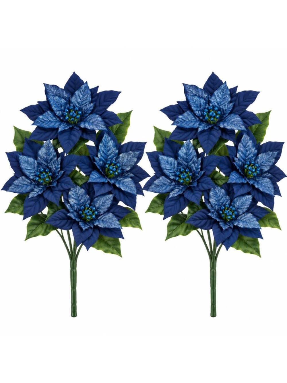 Set of 2 Blue Artificial Poinsettia Bushes, Royal Delft Blue Christmas Flowers,